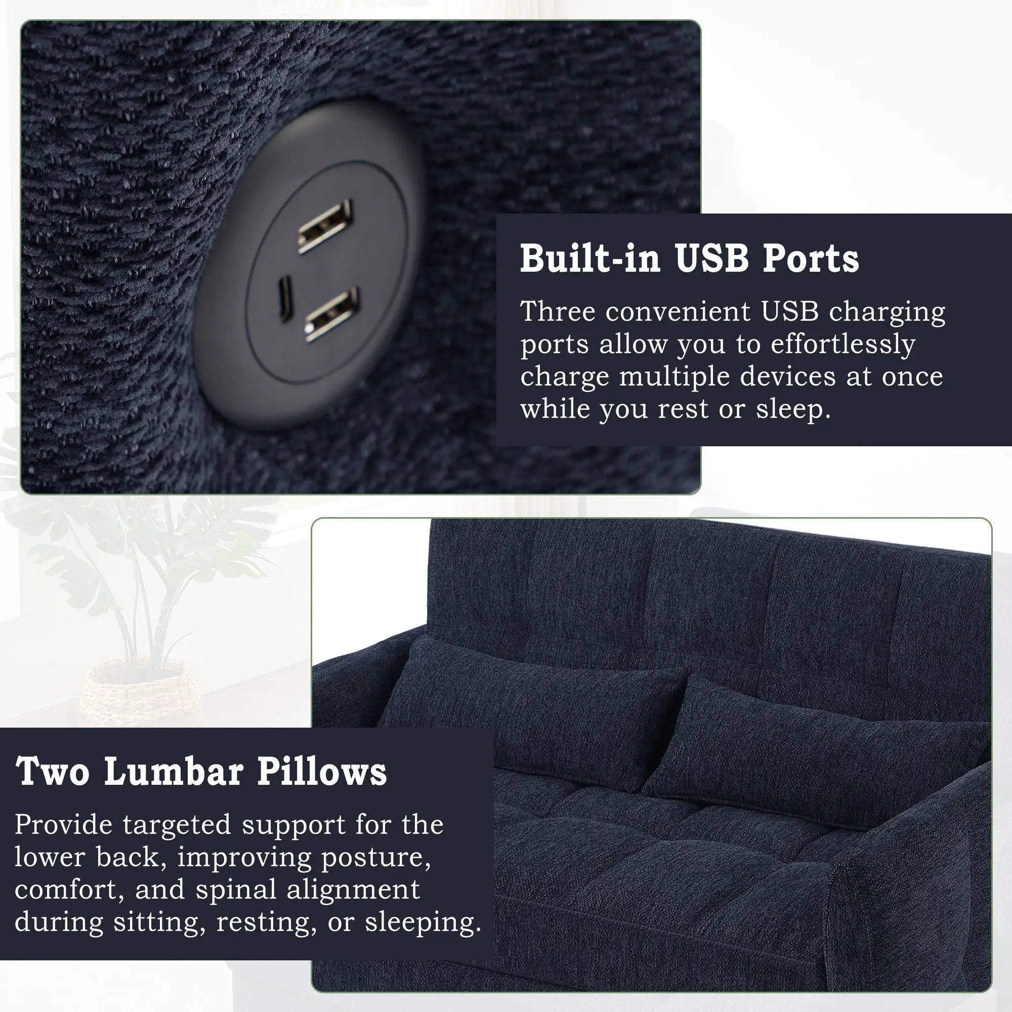Loveseat Sofa Pull-Out Bed With Adjustable Backrest, 3 USB Ports And 2 Lumbar Pillows For Living Room by Unique Piece Furniture