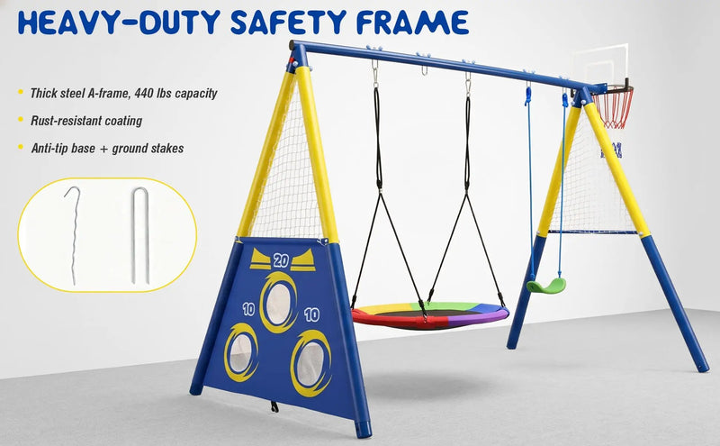 5-in-1 Kids Swing Set with Saucer Swing, Belt Swing, Basketball Hoop & Soccer Goal by HouseOfZazla