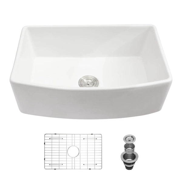Ceramic Farmhouse Sink, Apron Front Single Bowl With Arch Edge