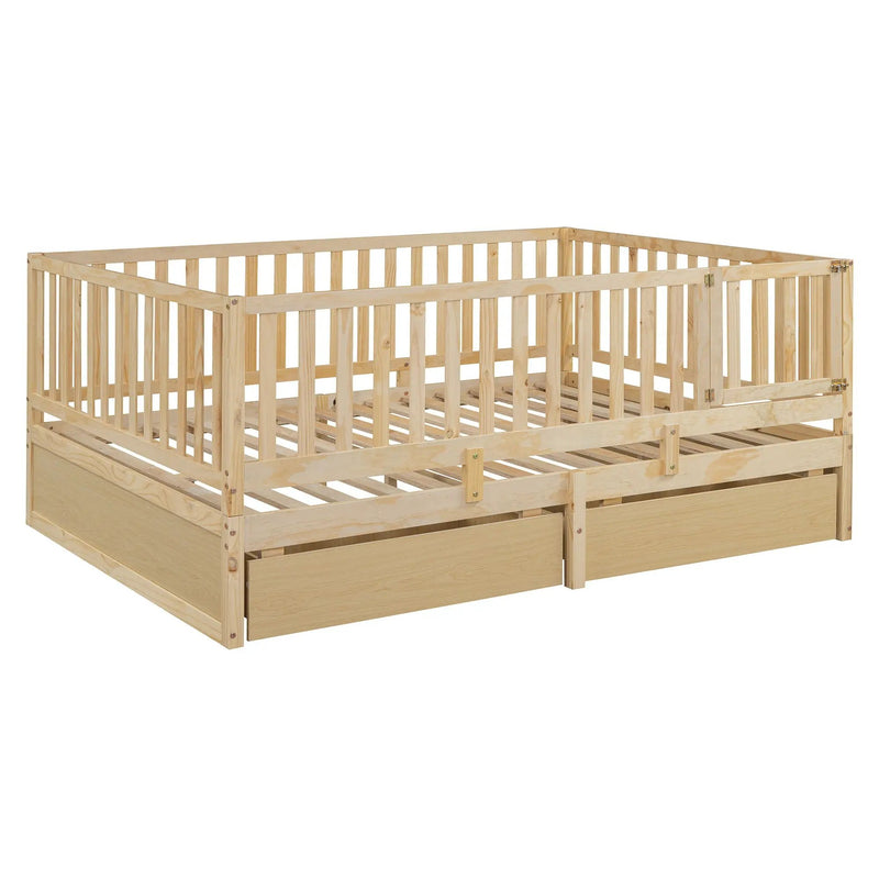 Daybed With Fence Guardrails And 2 Drawers, Split Into Independent Floor Bed & Daybed by HouseOfZazla