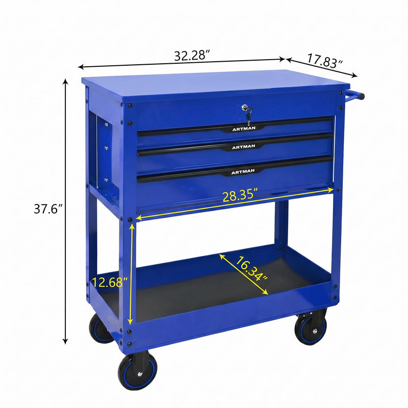 3 Drawers Multifunctional Tool Cart with Wheels and Steel Top - Blue & Black by HouseOfZazla