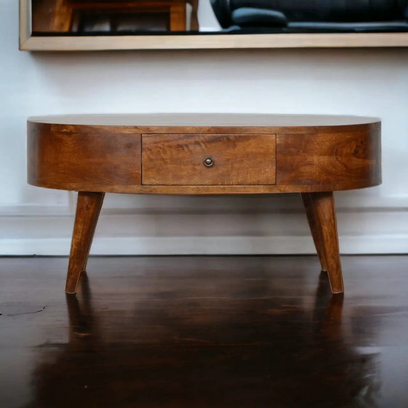 Chestnut Rounded Coffee Table, Nordic Legs, 2-Drawers by HouseOfZazla