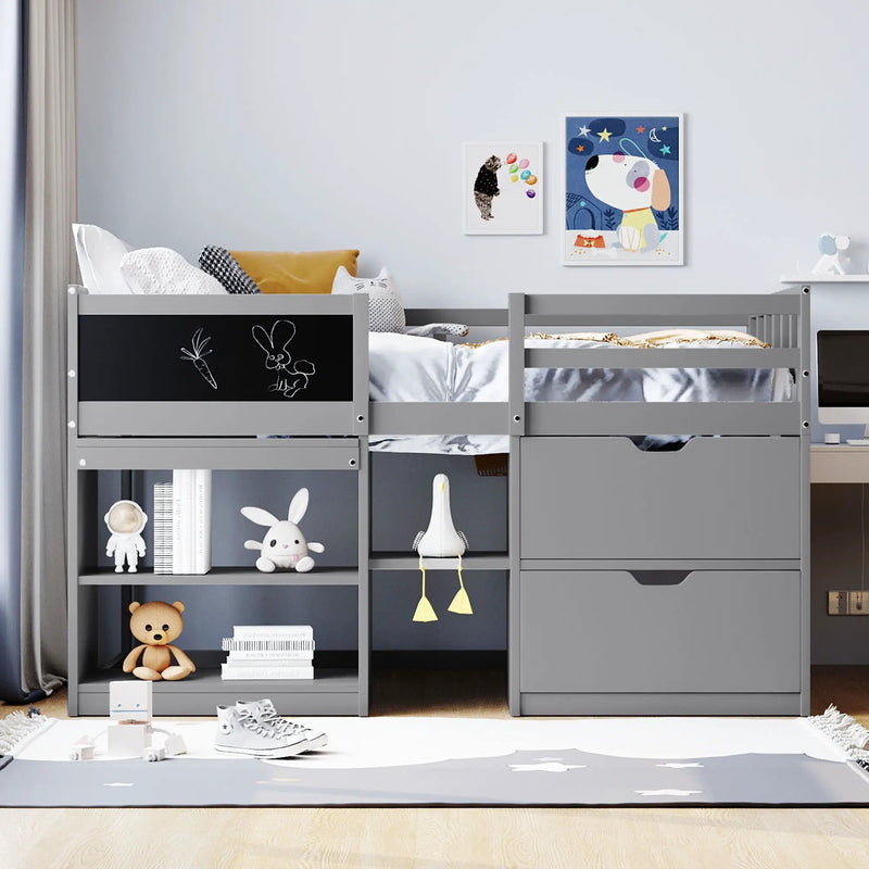 Low Loft Bed With Rolling Desk, Shelf And Drawers by HouseOfZazla