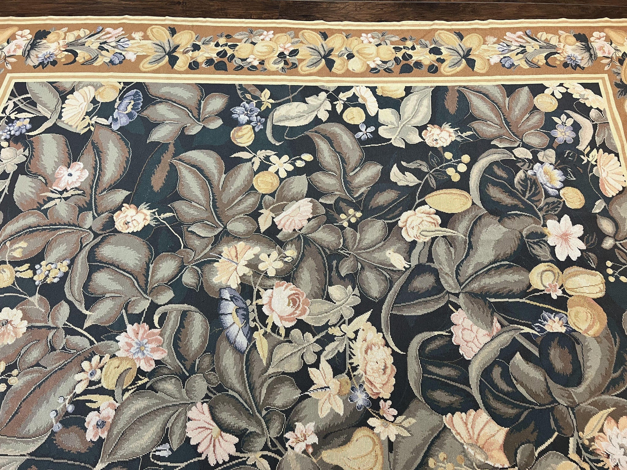 Large Needlepoint Rug 9x13, Handmade Wool Flatweave Vintage Rug, Leaves, Green by Jewel Rugs