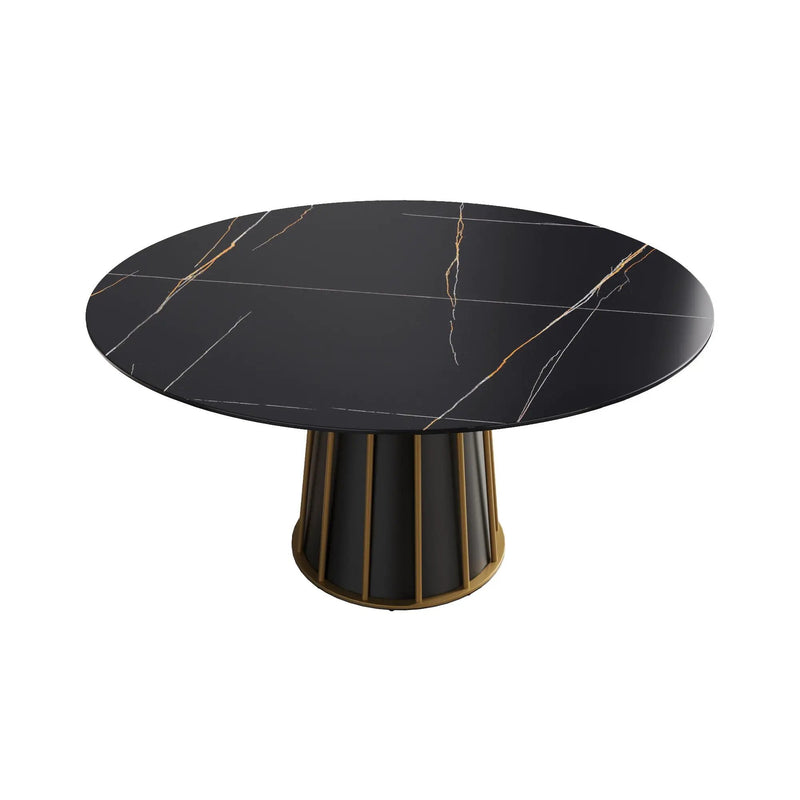 Modern Artificial Stone Round Metal Iron Base Dining Table, Can Accommodate 8 People, (Not Including Chairs) - Black by HouseOfZazla
