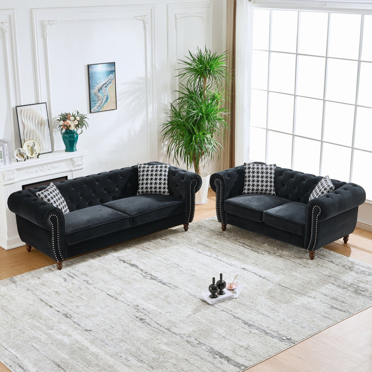 Chesterfield 3 And 2 Seater Upholstery Sofa with Roll Armrest & Nailhead Fabric Couch - Black, photo 16 of 16