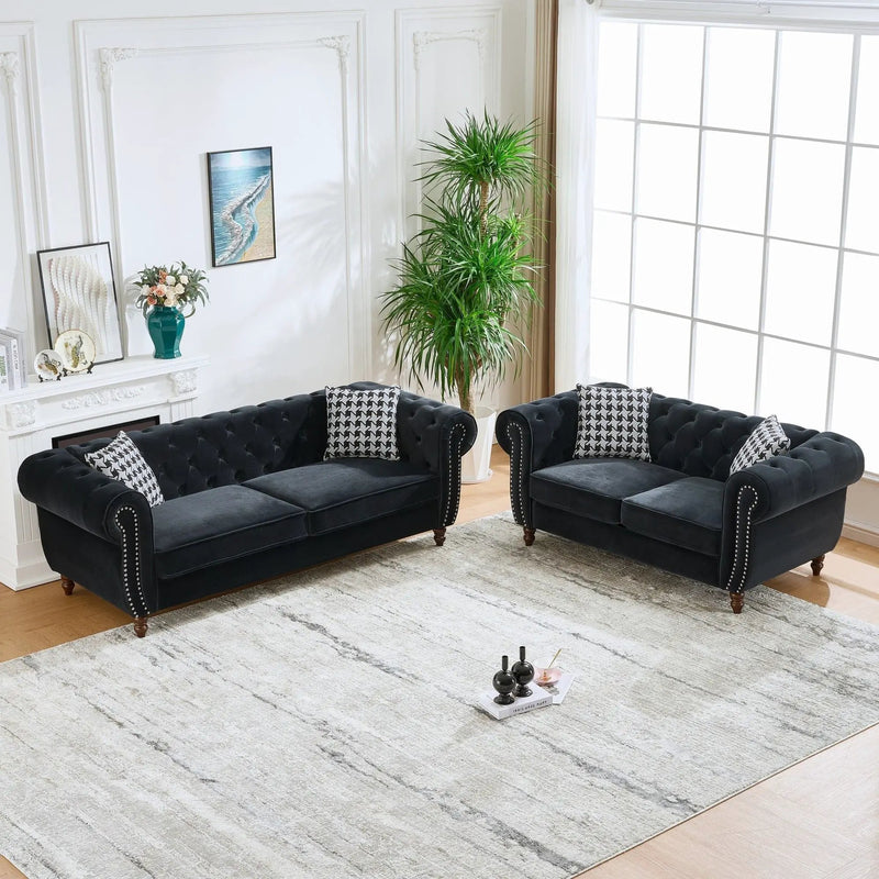 Chesterfield 3 And 2 Seater Upholstery Sofa With Roll Armrest & Nailhead Fabric Couch by HouseOfZazla
