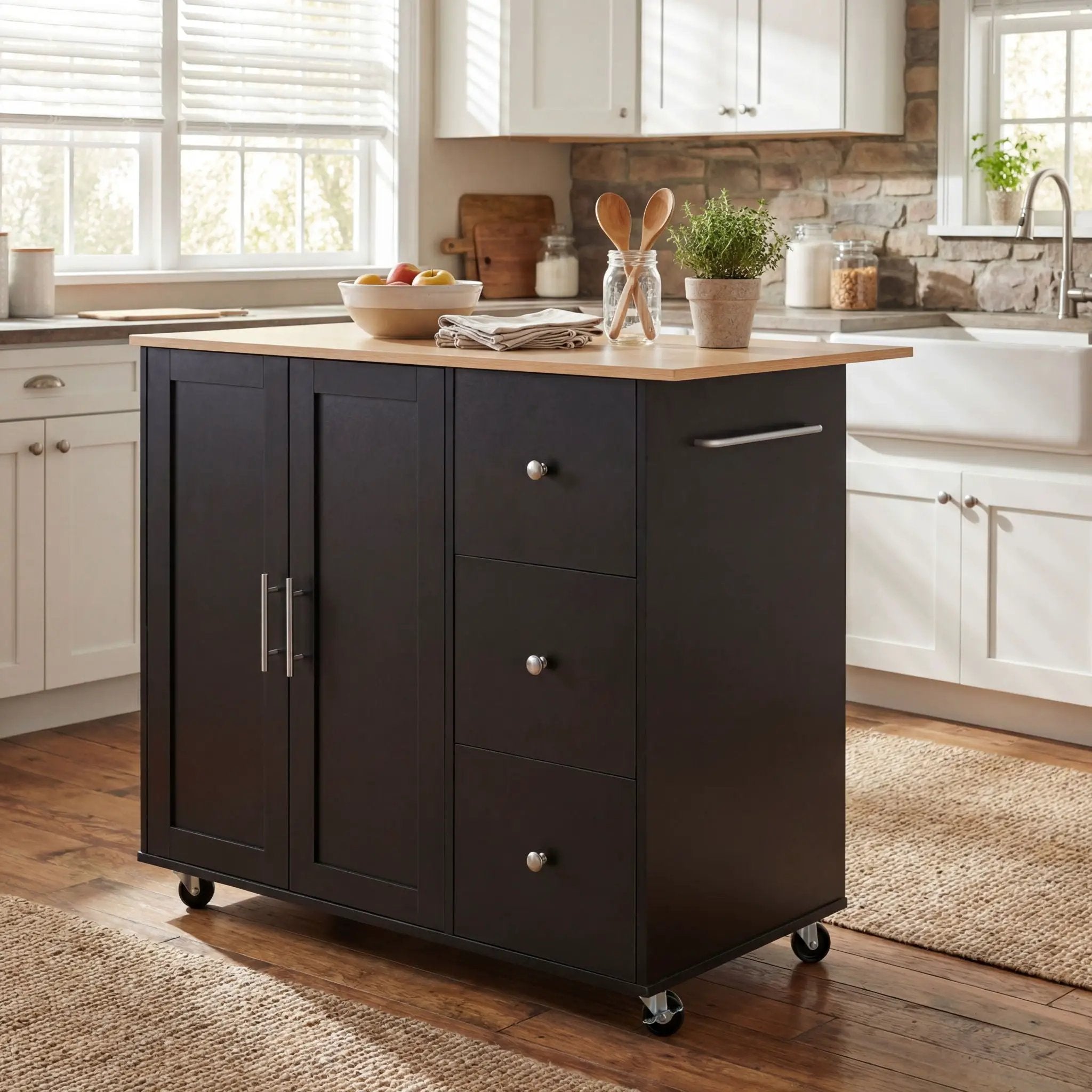 Mobile Kitchen Cart With Storage With 2 Doors, 3 Drawers & Adjustable Shelf - Black / Natural by HouseOfZazla