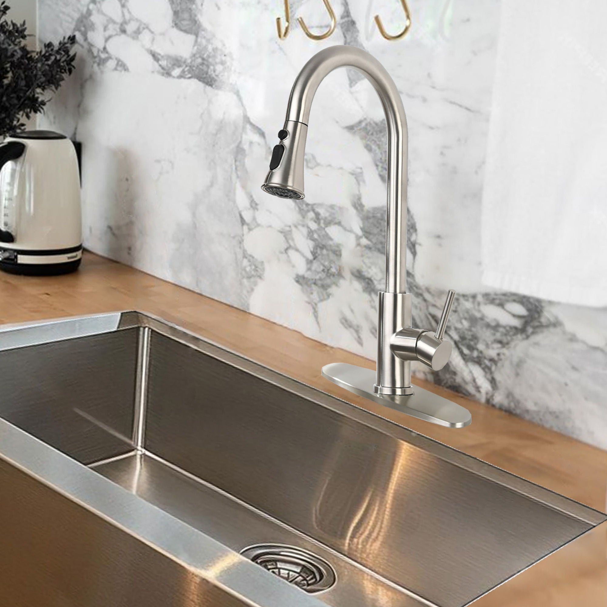 Classic High Arc Kitchen Faucet With Pull Down Sprayer, Stainless Steel - Brushed Nickel by HouseOfZazla