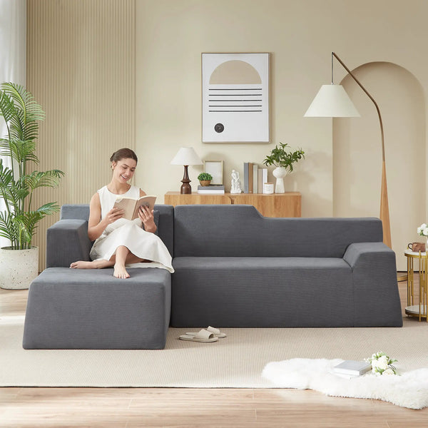 Modern Minimalist L-Shaped Corduroy High Back Sofa