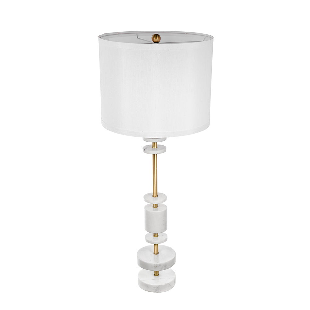 White Marble Table Lamp with Brass Frame and Drum Shade - White, photo 5 of 10