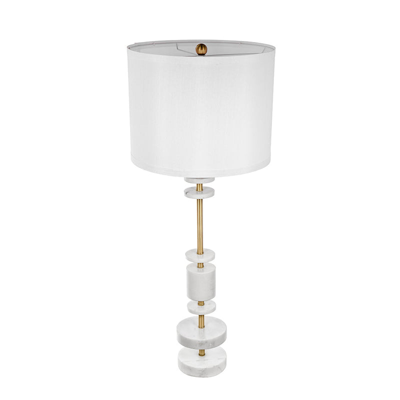 White Marble Table Lamp with Brass Frame and Drum Shade - White, photo 5 of 10