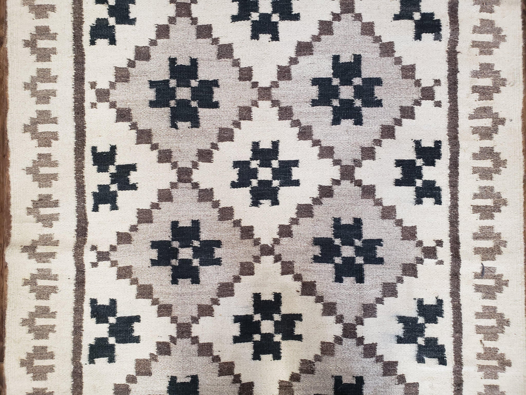 Semi Antique South American Blanket 4x8, Wool Hand-Woven Flatweave Kilim Rug, Handmade Antique Vintage Runner, Ivory & Blue, Diamond Panel by Jewel Rugs