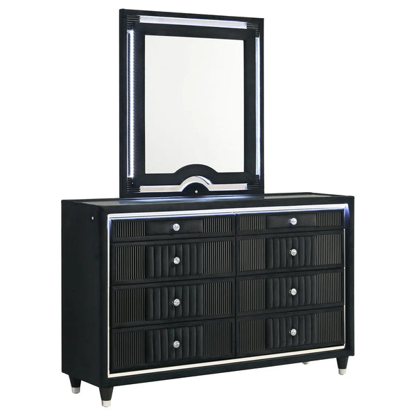 Ravenne 6-drawer Velvet Upholstered LED Dresser and Mirror Black