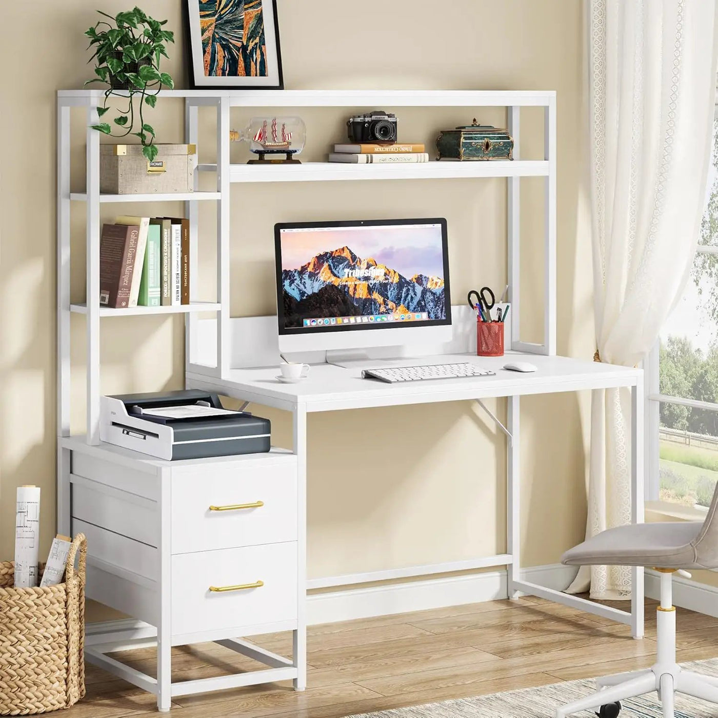 Computer Desk With Hutch, 2 Drawers & Open Shelves by HouseOfZazla