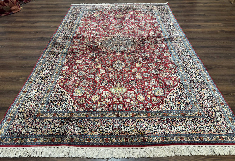 Indian Kashmiri Silk Rug 6x9, Red and Navy Blue, Floral Medallion, Fine 275 KPSI by Jewel Rugs