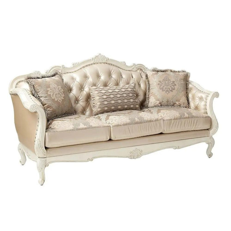 Chantelle - Sofa With 3 Pillows - Rose Gold Synthetic Leather /Fabric & Pearl White by Unique Piece Furniture