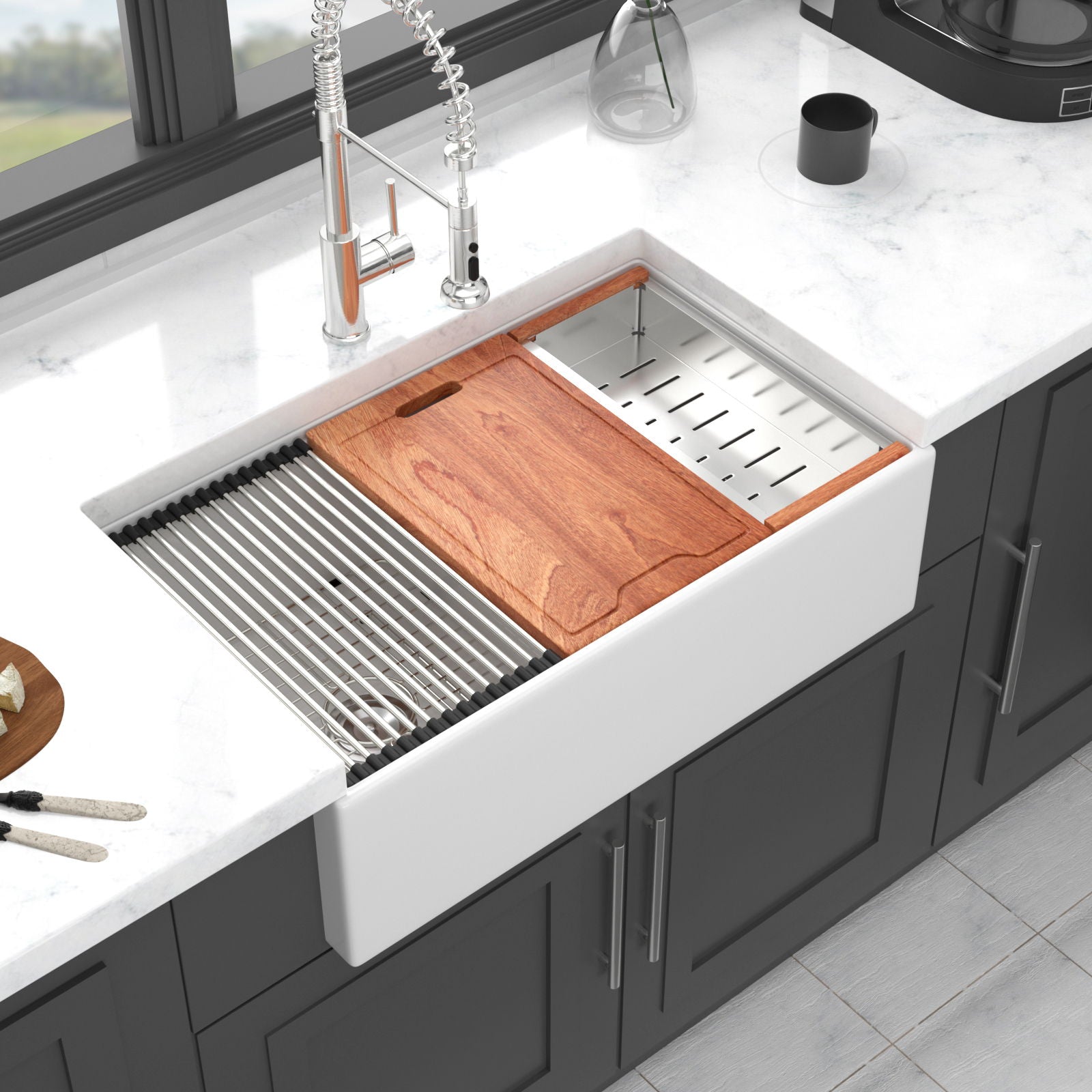 Farmhouse Sink Workstation 33" Ceramic Double Bowl Kitchen Sink With Ledges - White by HouseOfZazla