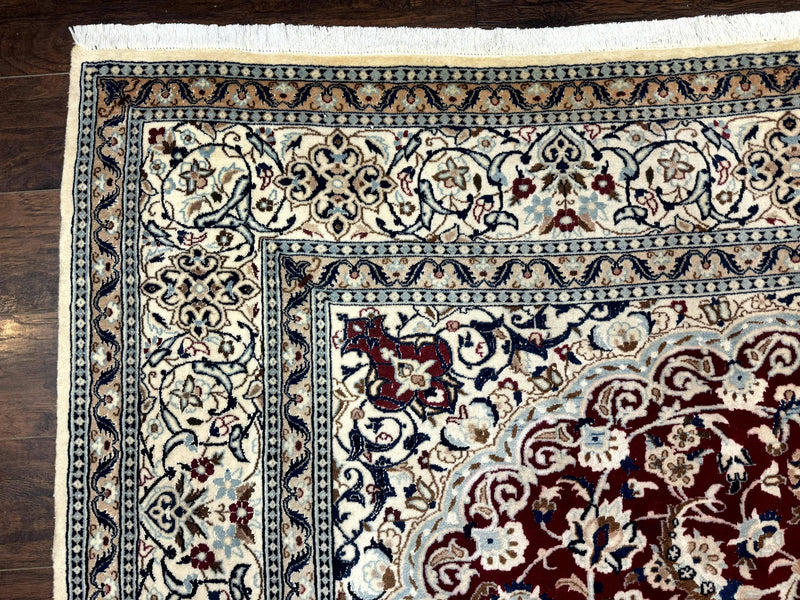 Persian Nain Rug 8x11, Wool and Silk Highlights, Burgundy & Ivory by Jewel Rugs
