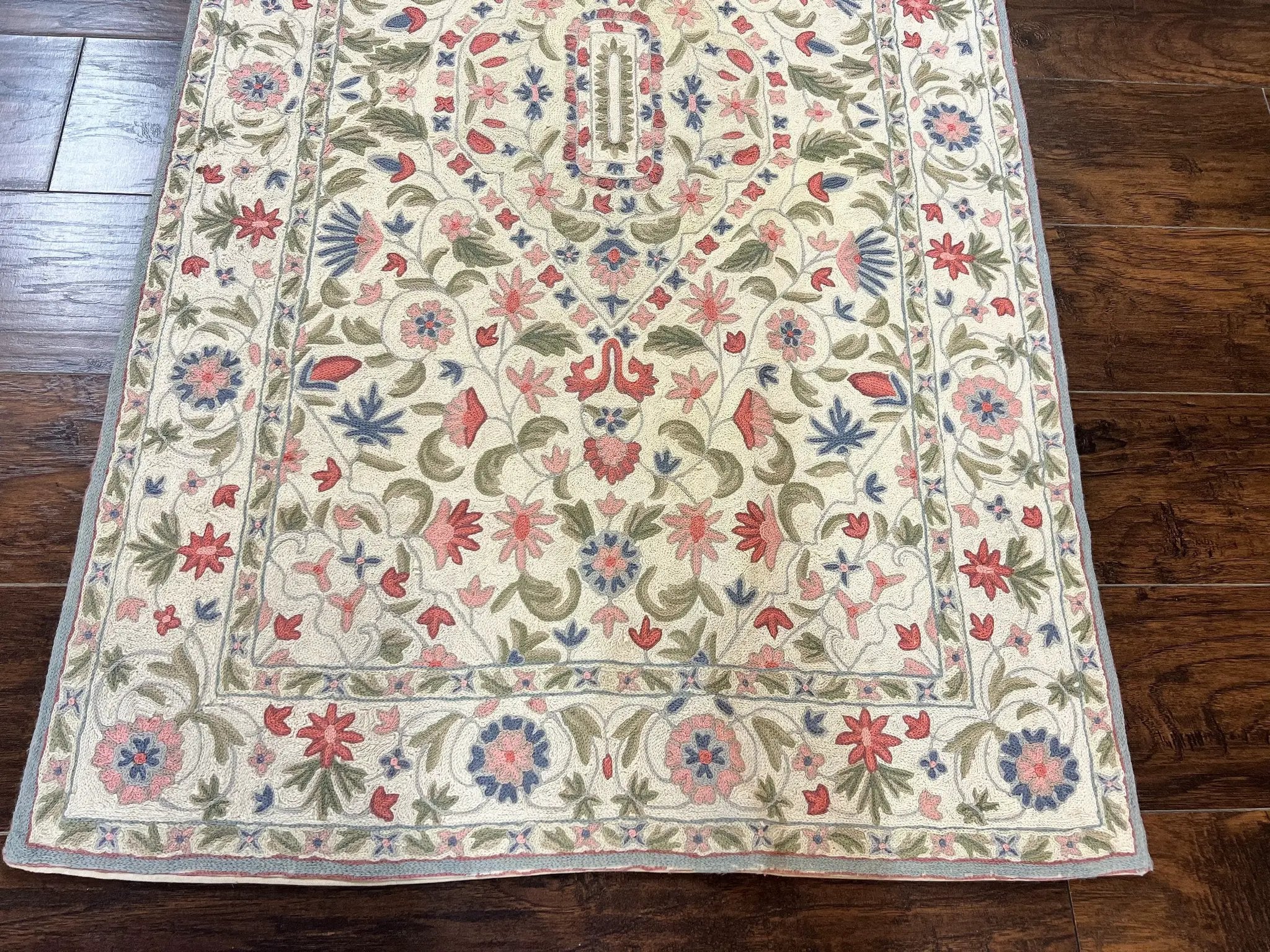 Hand Stitched Indian Rug 4x5, Floral, Vintage Hand Embroidered Rug by Jewel Rugs