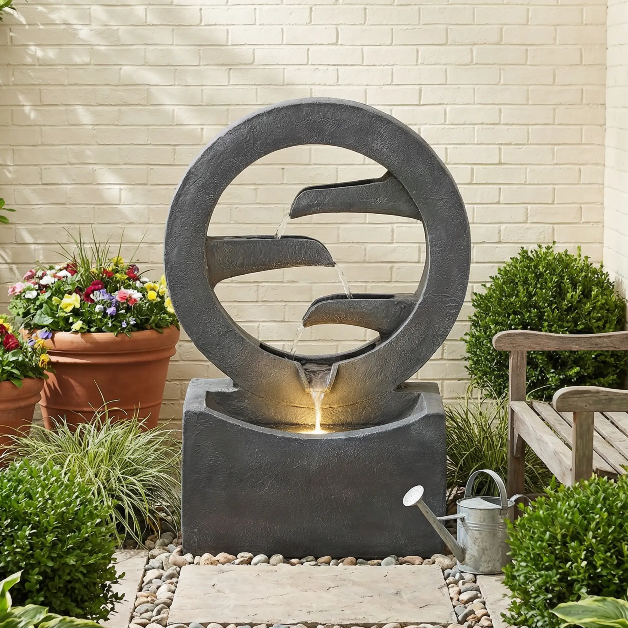 26.77'H Gray Circular Polyresin Outdoor Water Fountain with LED Light by HouseOfZazla