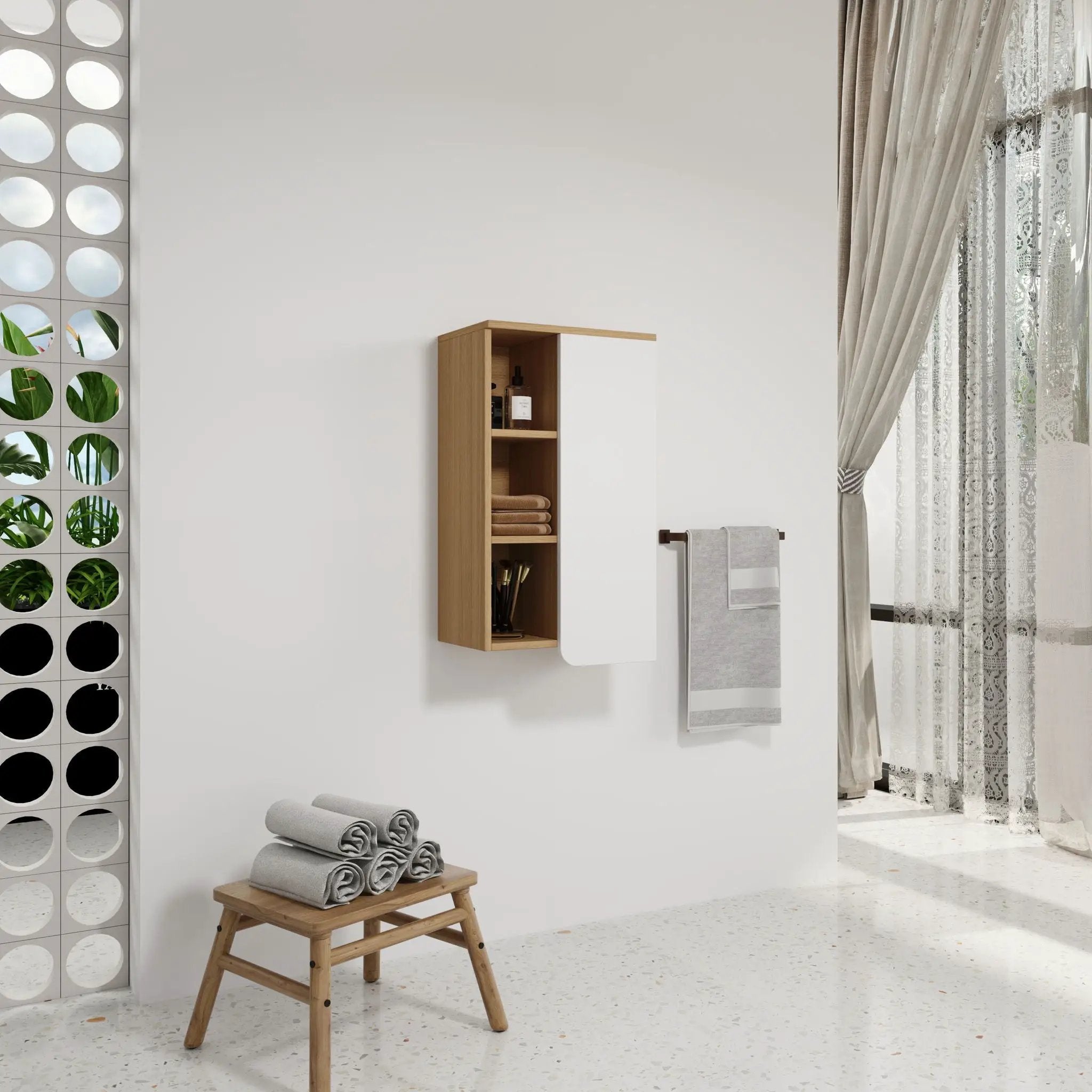 Wall Mounted Bathroom Side Cabinet, Single Door With 3 Tier Open Shelves - Black / Light Oak / White by Unique Piece Furniture