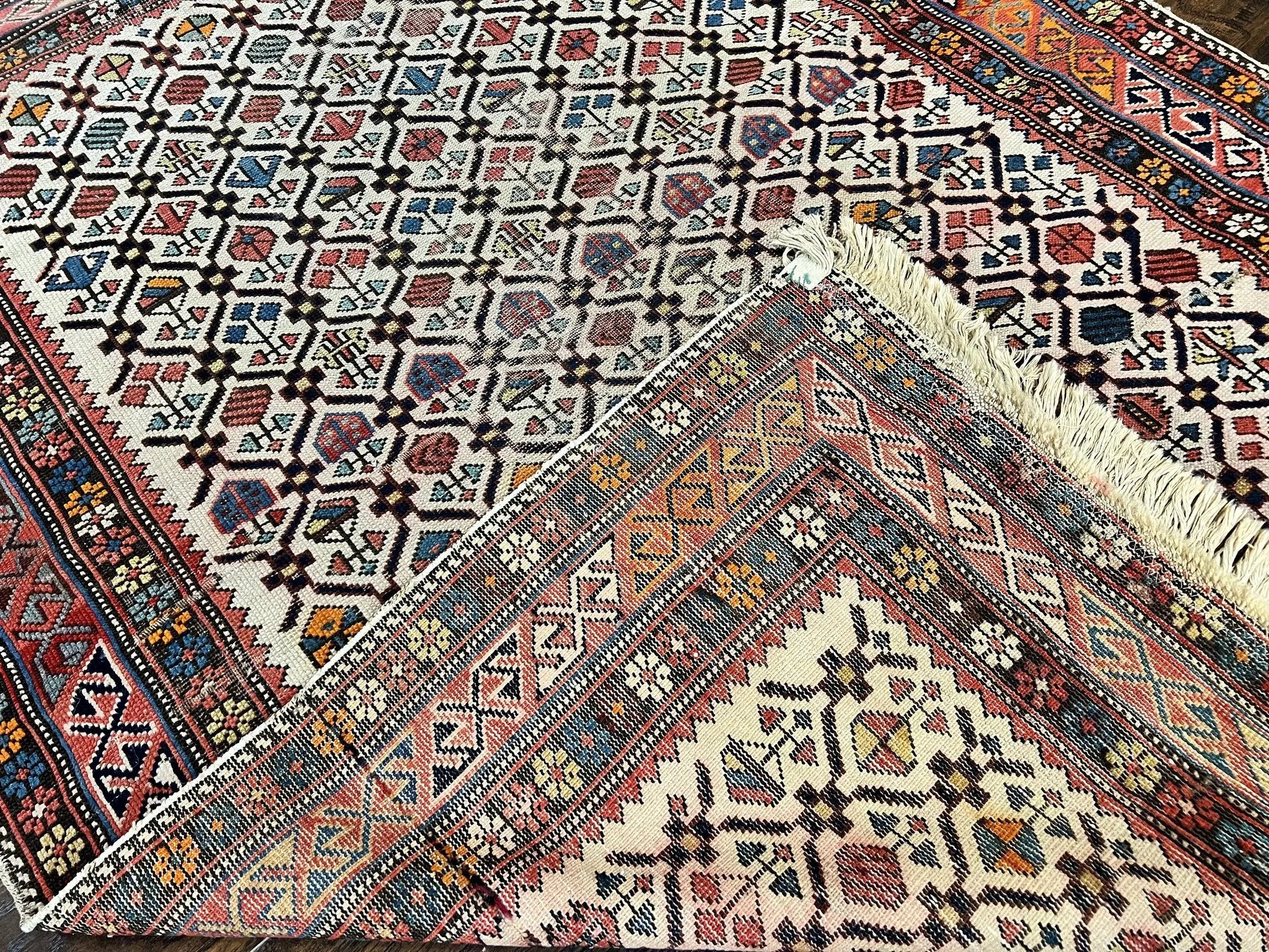 Antique Caucasian Rug 4x5, Hand Knotted Handmade Shirvan Oriental Carpet, Ivory Red Rug Allover Pattern, Rare Wool Rug, Tribal Geometric Rug by Jewel Rugs