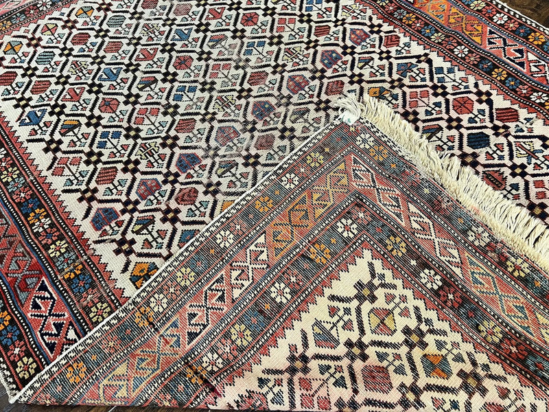 Antique Caucasian Rug 4x5, Hand Knotted Handmade Shirvan Oriental Carpet, Ivory Red Rug Allover Pattern, Rare Wool Rug, Tribal Geometric Rug by Jewel Rugs