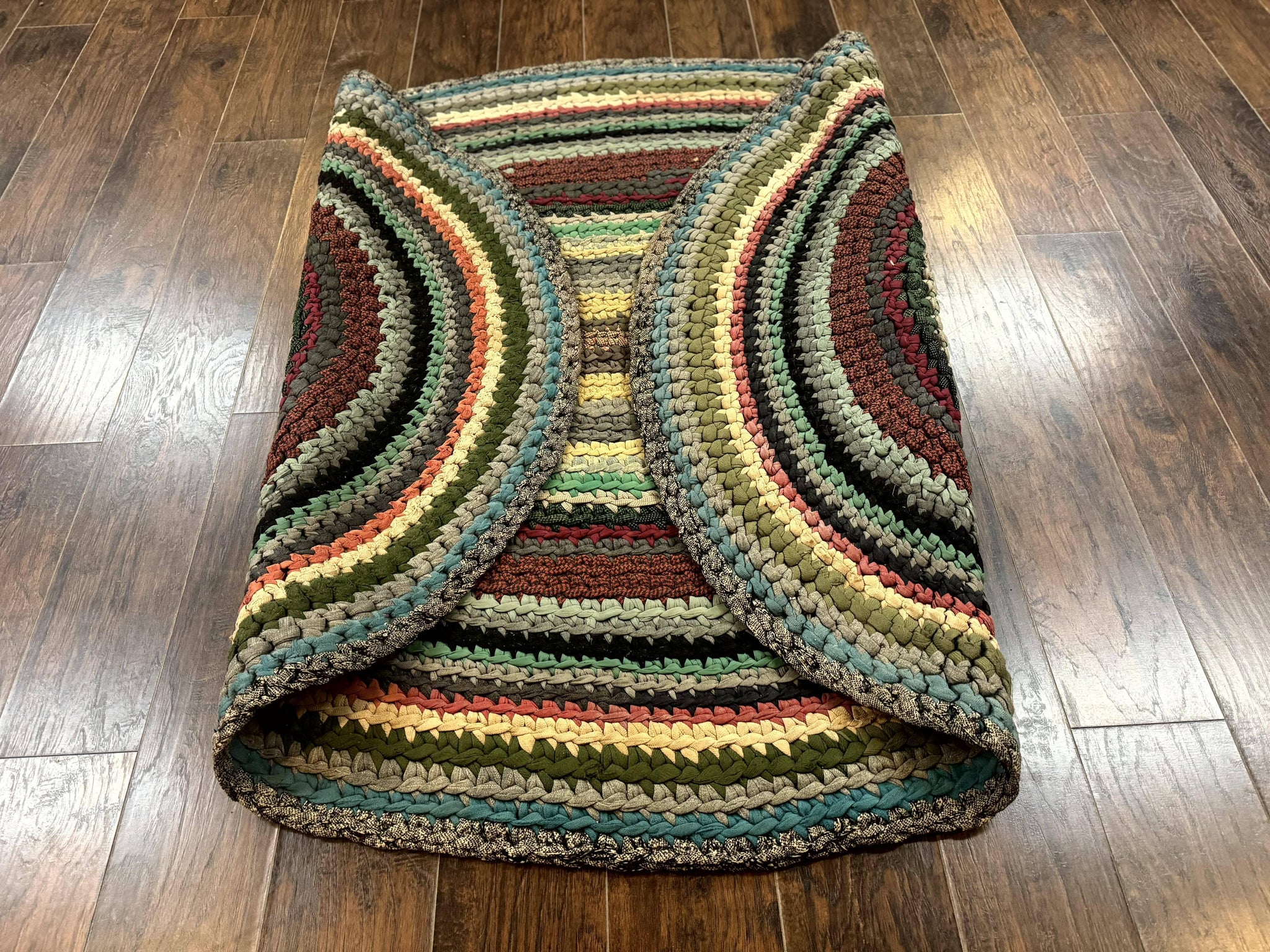 Antique American Braided Rug 5x7, Oval Multicolor Handmade Wool Braided Carpet by Jewel Rugs