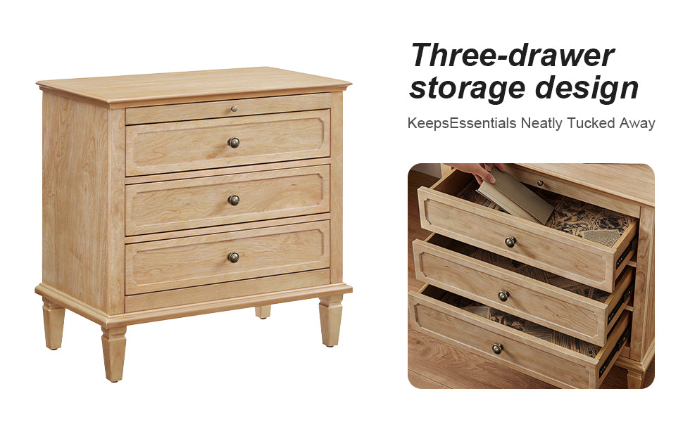 Vintage 3 Drawer Nightstand with Built-In Charging Station - Solid Wood Legs, photo 7 of 10