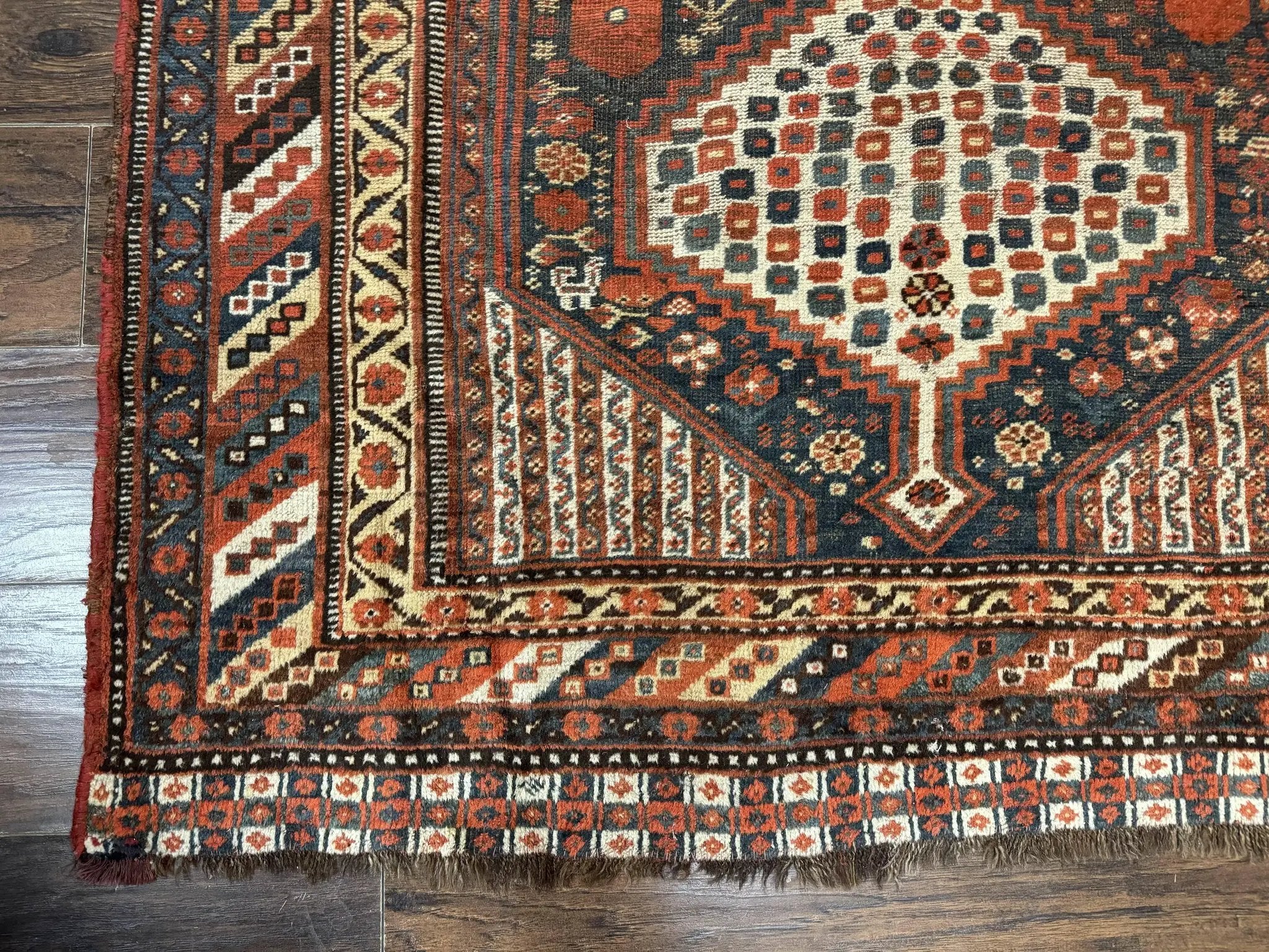 Antique Persian Shiraz Rug 5x8, Khamseh Tribal Wool 1920s Carpet, Navy Blue by Jewel Rugs
