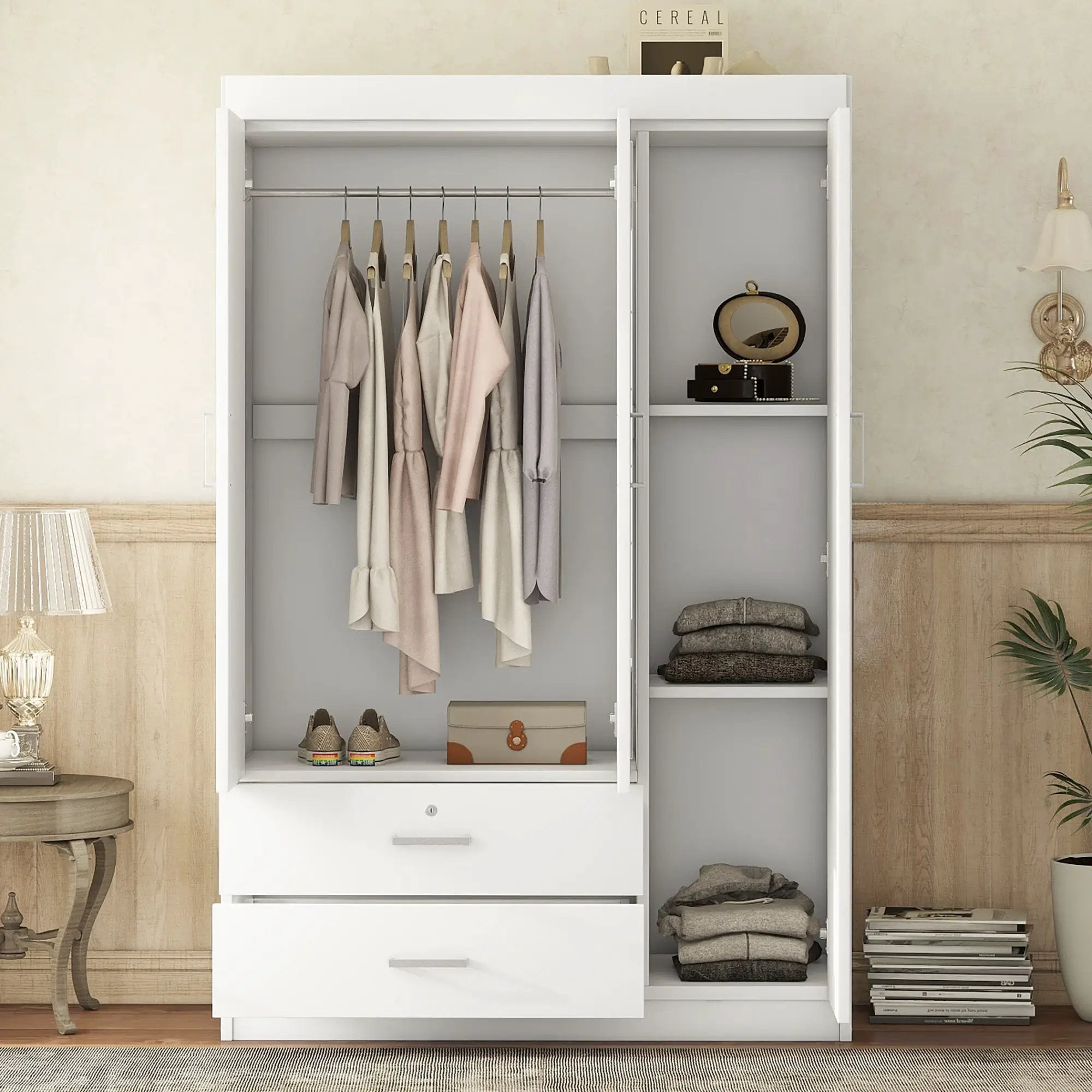 3-Door Mirror Wardrobe with Shelves, White by HouseOfZazla