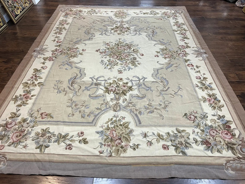 Aubusson Needlepoint Rug 9x12, VIntage Handmade Wool Beige Floral European Elegant Rug 9 x 12, Floral Roses by Jewel Rugs