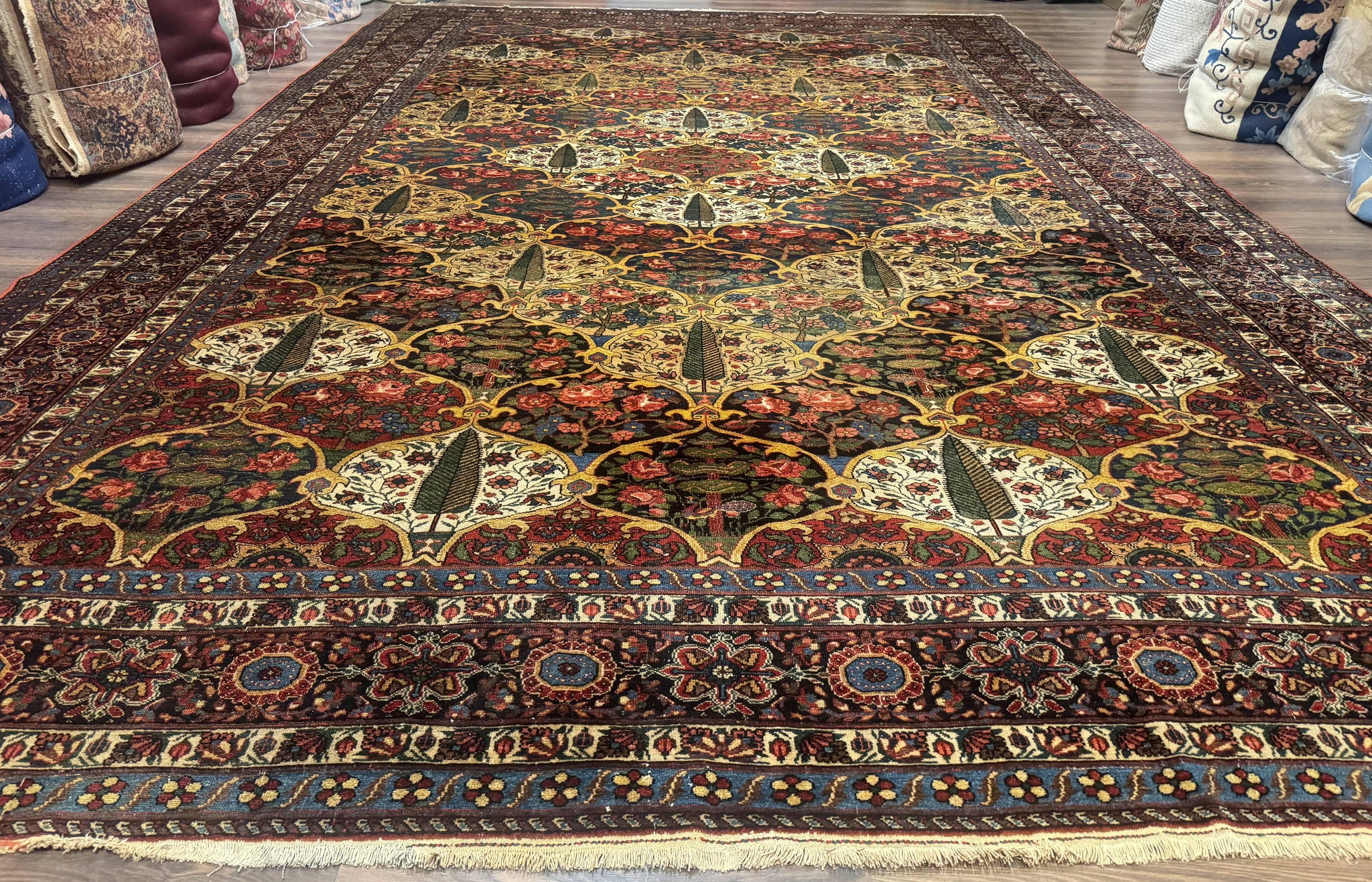 Antique Persian Bakhtiari Rug 12x19, Palace Size Wool Handmade Persian Carpet, Oversized Rug, Panel Design, Peacocks, Multicolor, Rare by Jewel Rugs