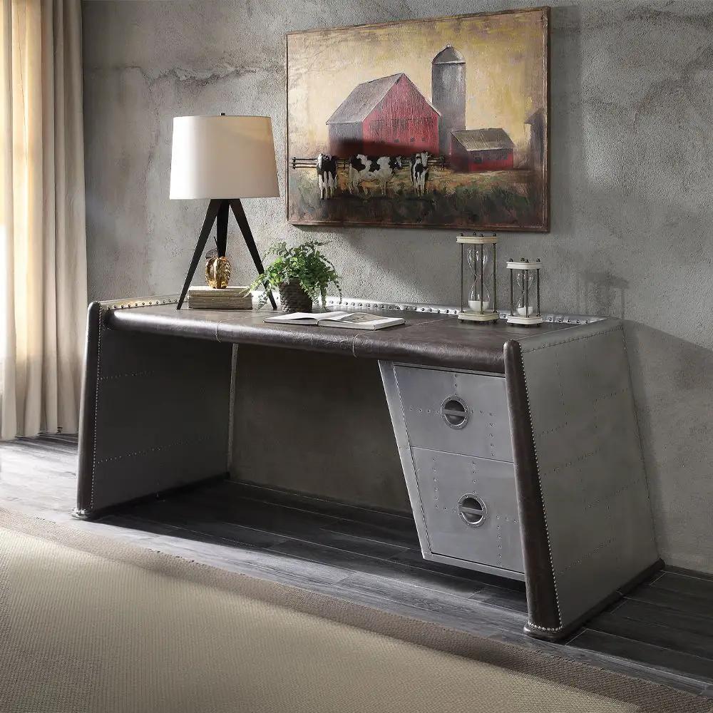 Brancaster - Executive Writing Desk - Distress Chocolate Top Grain Leather & Aluminum by Unique Piece Furniture