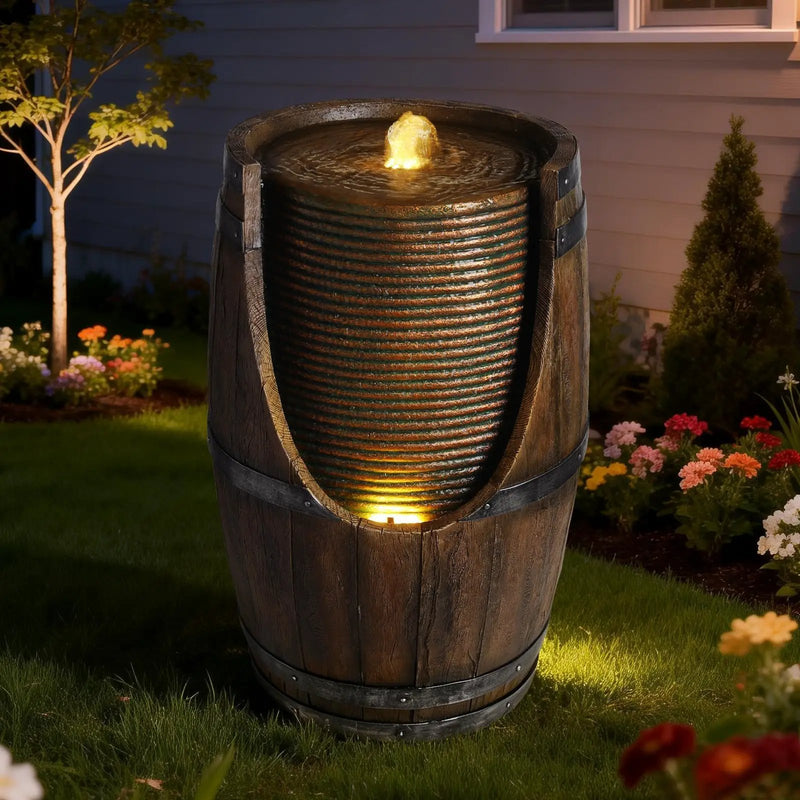 Outdoor Barrel Water Fountain with Rustic Wood Look Resin by HouseOfZazla