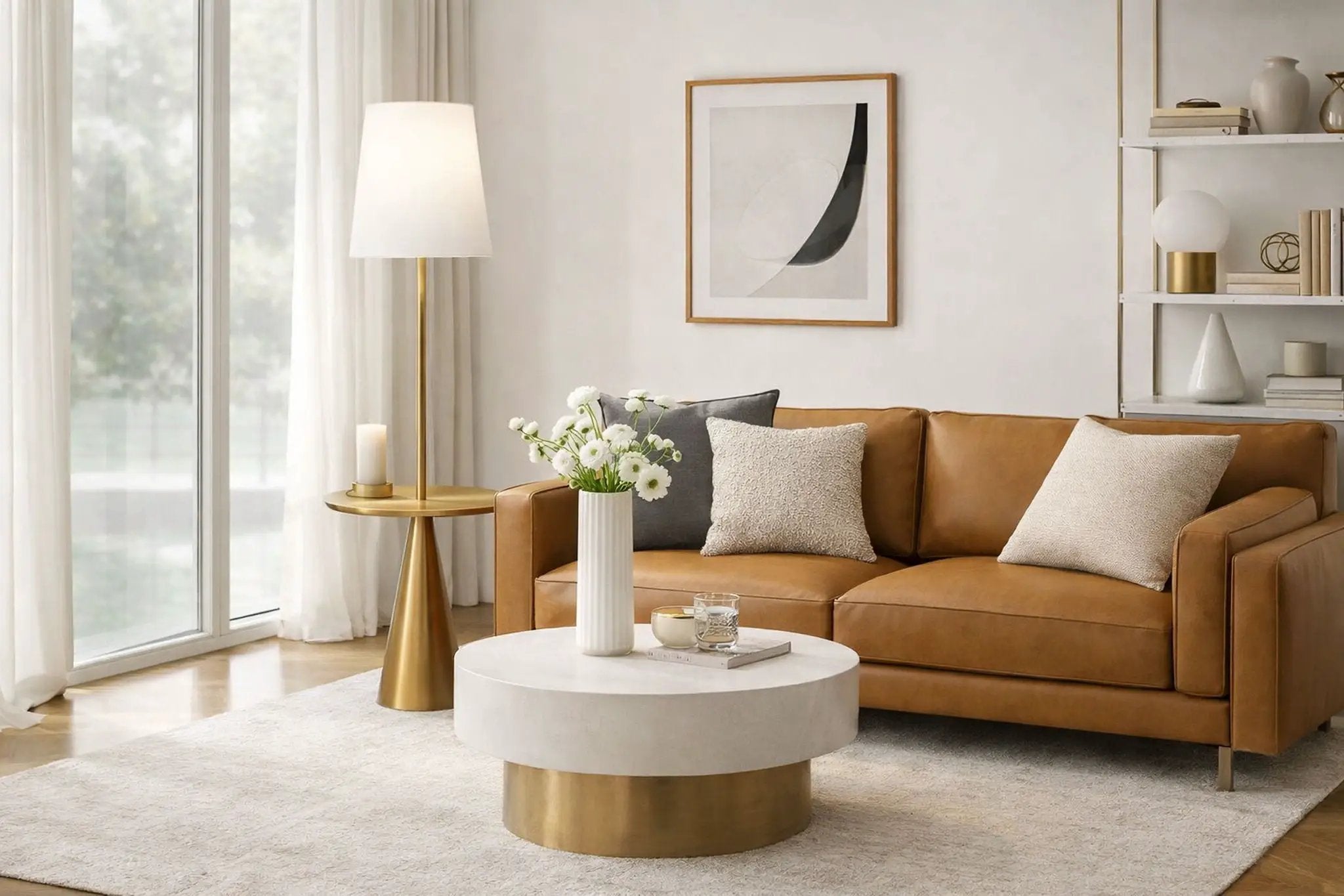 Celestial - Modern Floor Lamp With Accent Table With Large Shade - Gold / White by Unique Piece Furniture