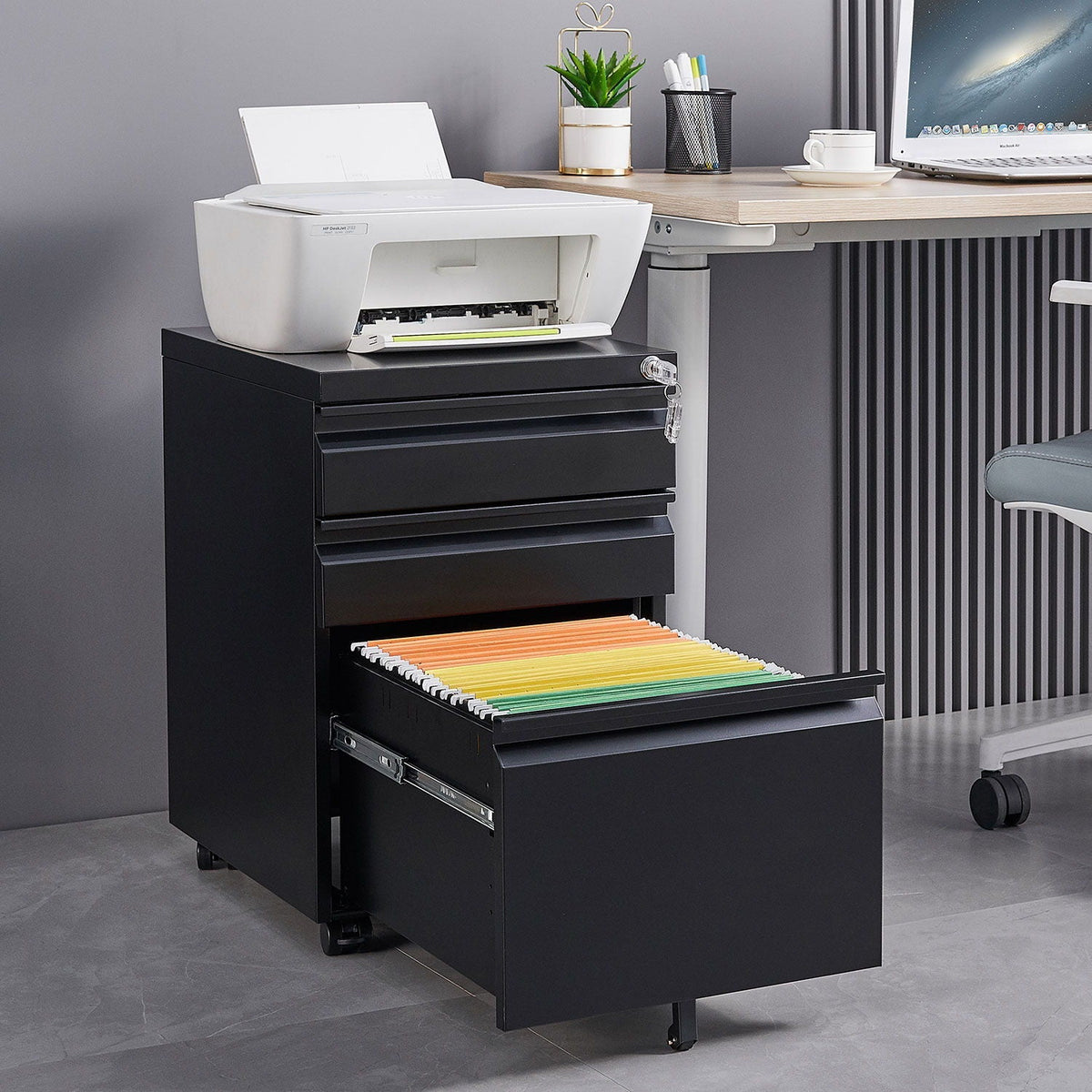 Contemporary 3 Drawer Mobile Filing Cabinet With Lock, photo 8 of 8