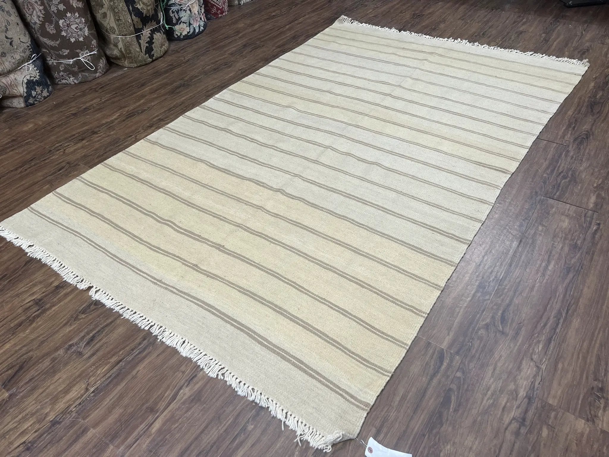 New Turkish Kilim Rug 5x8 Flatweave Carpet, Bohemian Rug, Contemporary Rug, Hand Woven, Wool Area Rug, Gray and Taupe, Striped Pattern by Jewel Rugs