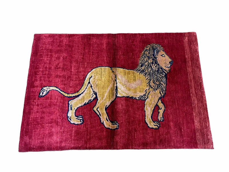 3 X 5 Handmade Hand-Knotted Rug Quality Wool Pictorial Lion Red Organic Dyes by Jewel Rugs