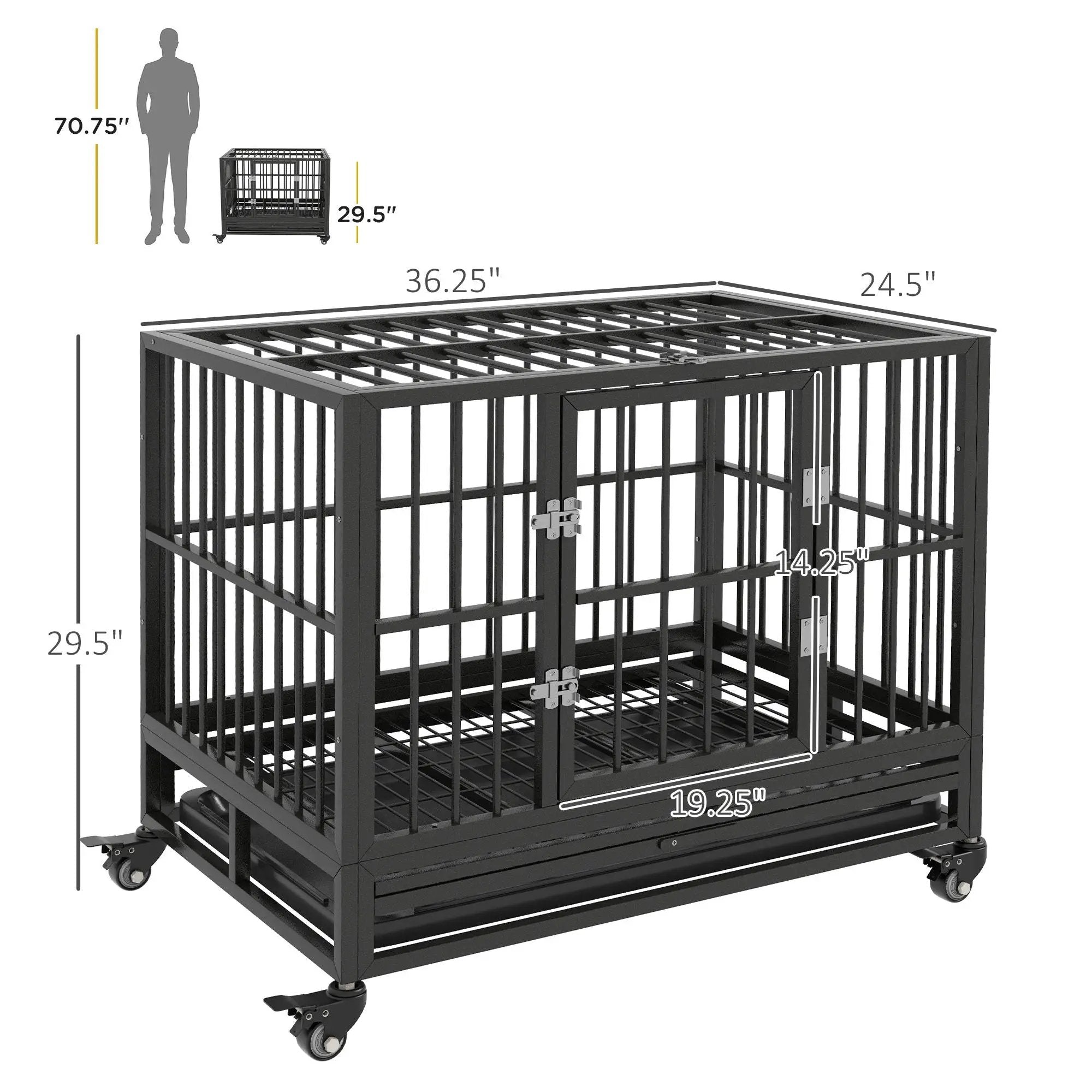 Pawhut - 36" Heavy Duty Dog Crate Metal Cage Kennel With Lockable Wheels, Double Door And Removable Tray - Gray by HouseOfZazla