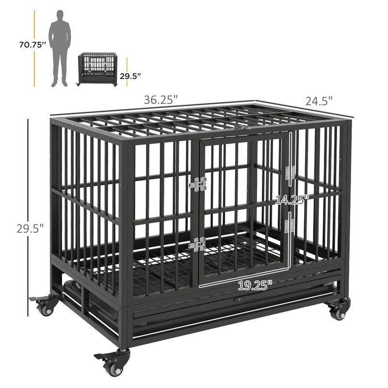 Pawhut - 36" Heavy Duty Dog Crate Metal Cage Kennel With Lockable Wheels, Double Door And Removable Tray - Gray by HouseOfZazla