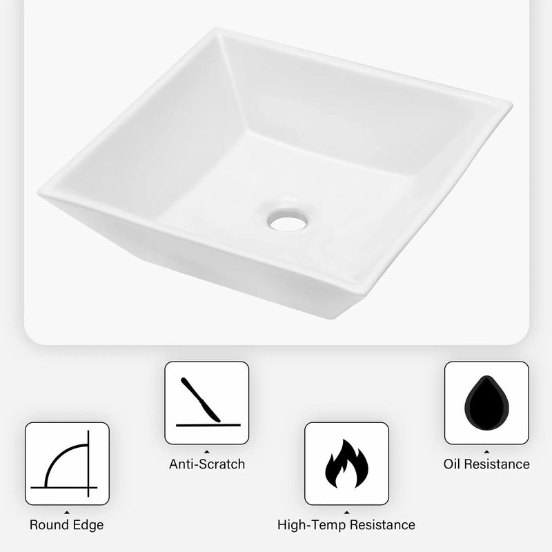 16" 6" Modern European Square Vessel Sink Glossy Porcelain Bathroom Vanity Top Above Counter Ceramic Basin - White by HouseOfZazla