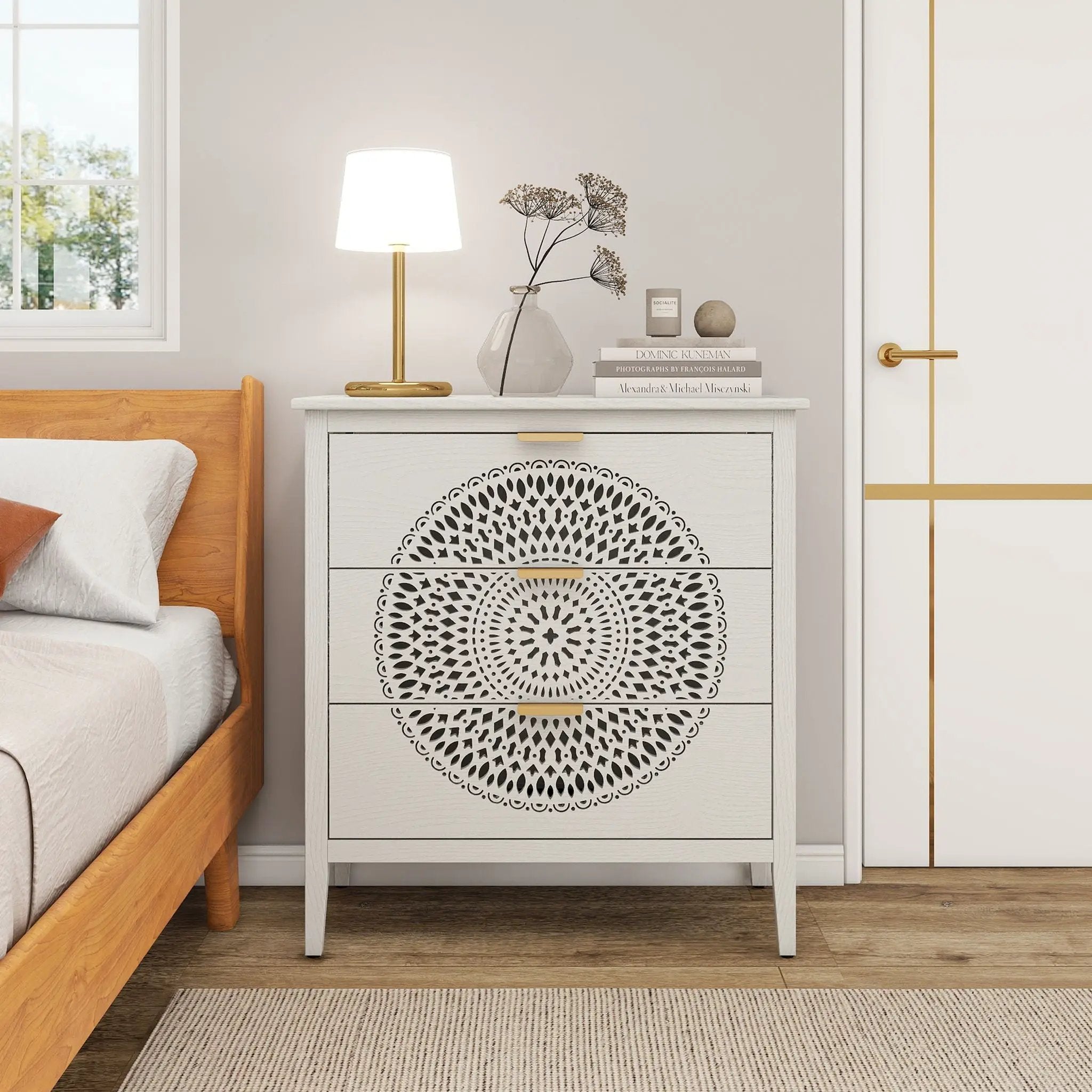 3 Drawer Cabinet With Hollow Carved 3 Drawer Dresser Storage Chest With Metal Handles For Entryway Living Room Bedroom - Beige by HouseOfZazla