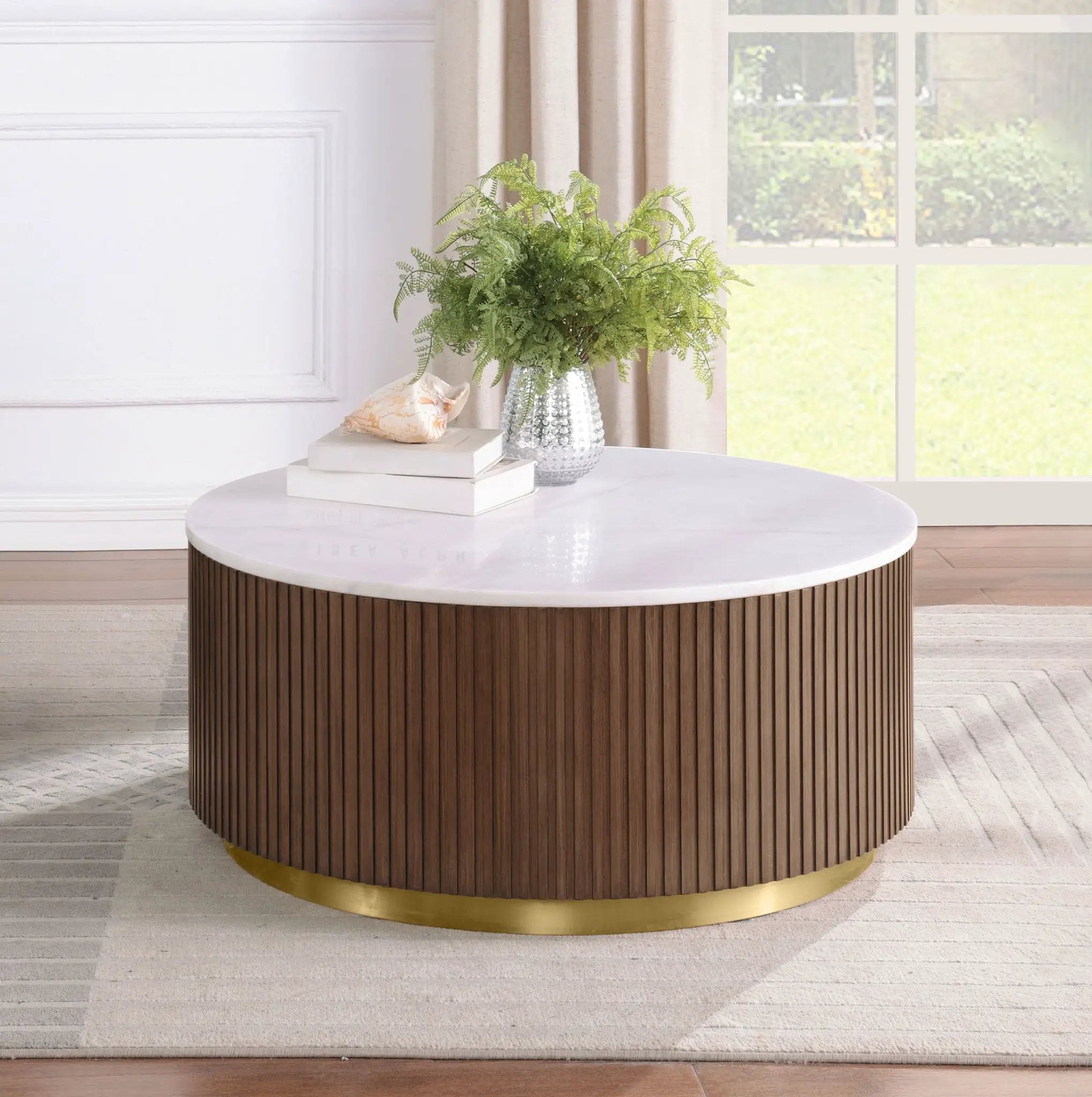 Jason Round White Marble Top Coffee Table Honey Brown by Unique Piece Furniture