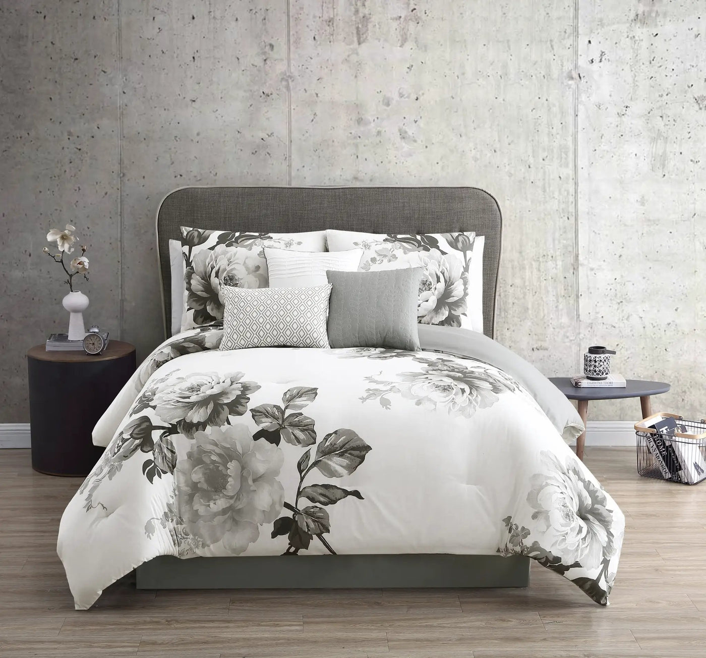 Ridgely 7 Pc Watercolor Black and White Floral Comforter Set by HouseOfZazla