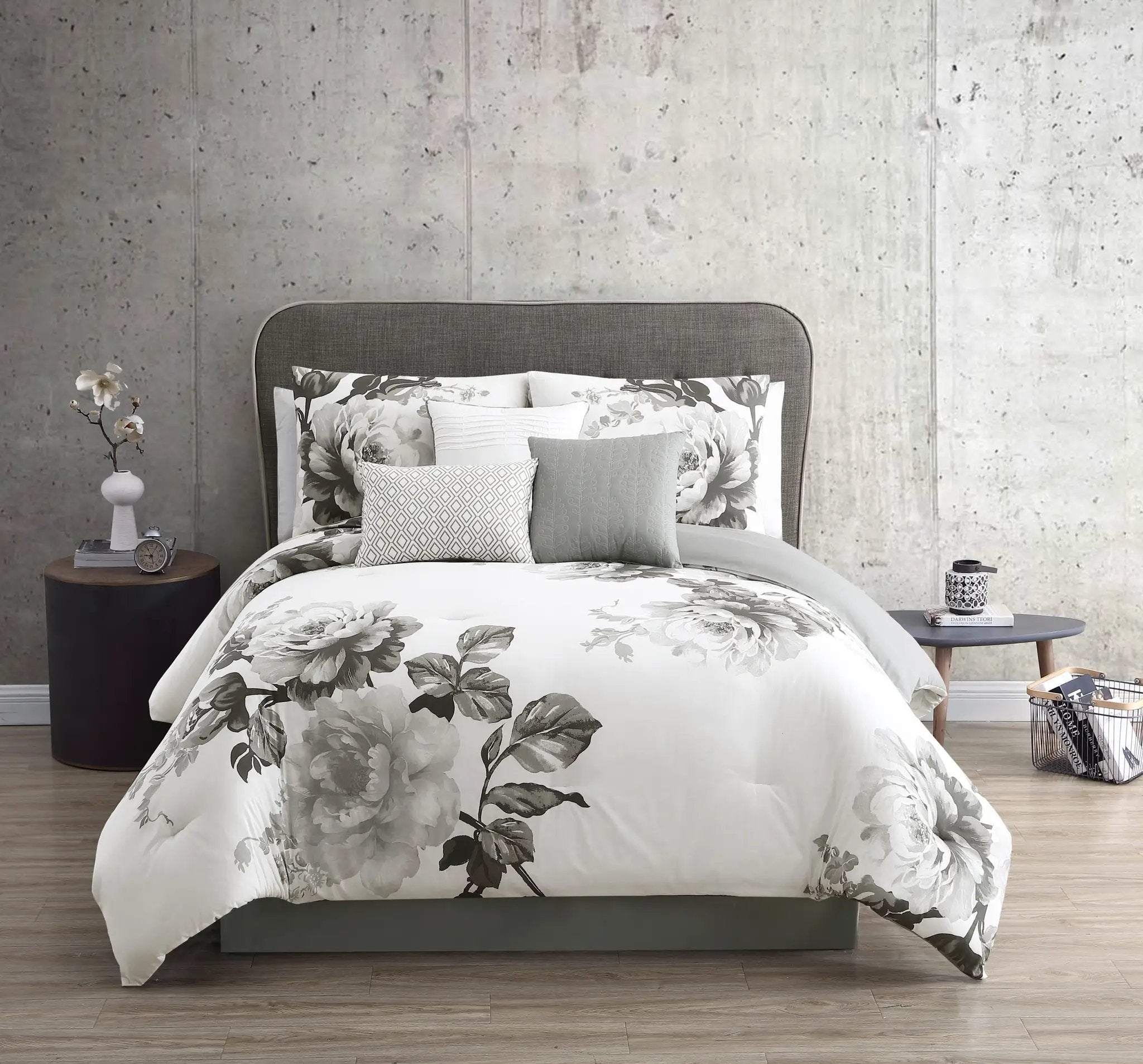 Ridgely 7 Pc Watercolor Black and White Floral Comforter Set by HouseOfZazla