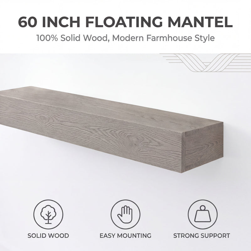 60" Rustic Embossed Wood Fireplace Mantel,Wall-Mounted & Floating Shelf for Home Decor, photo 4 of 10