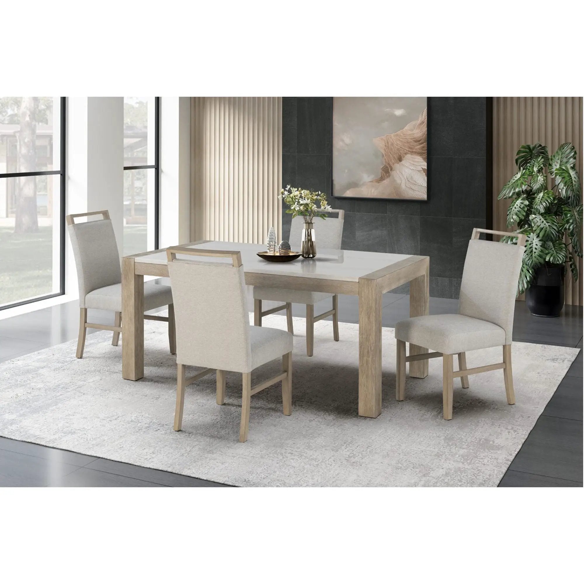 Vanilla - Real Marble Dining Table And Chair Set With Upholstery - Beige / Natural by HouseOfZazla