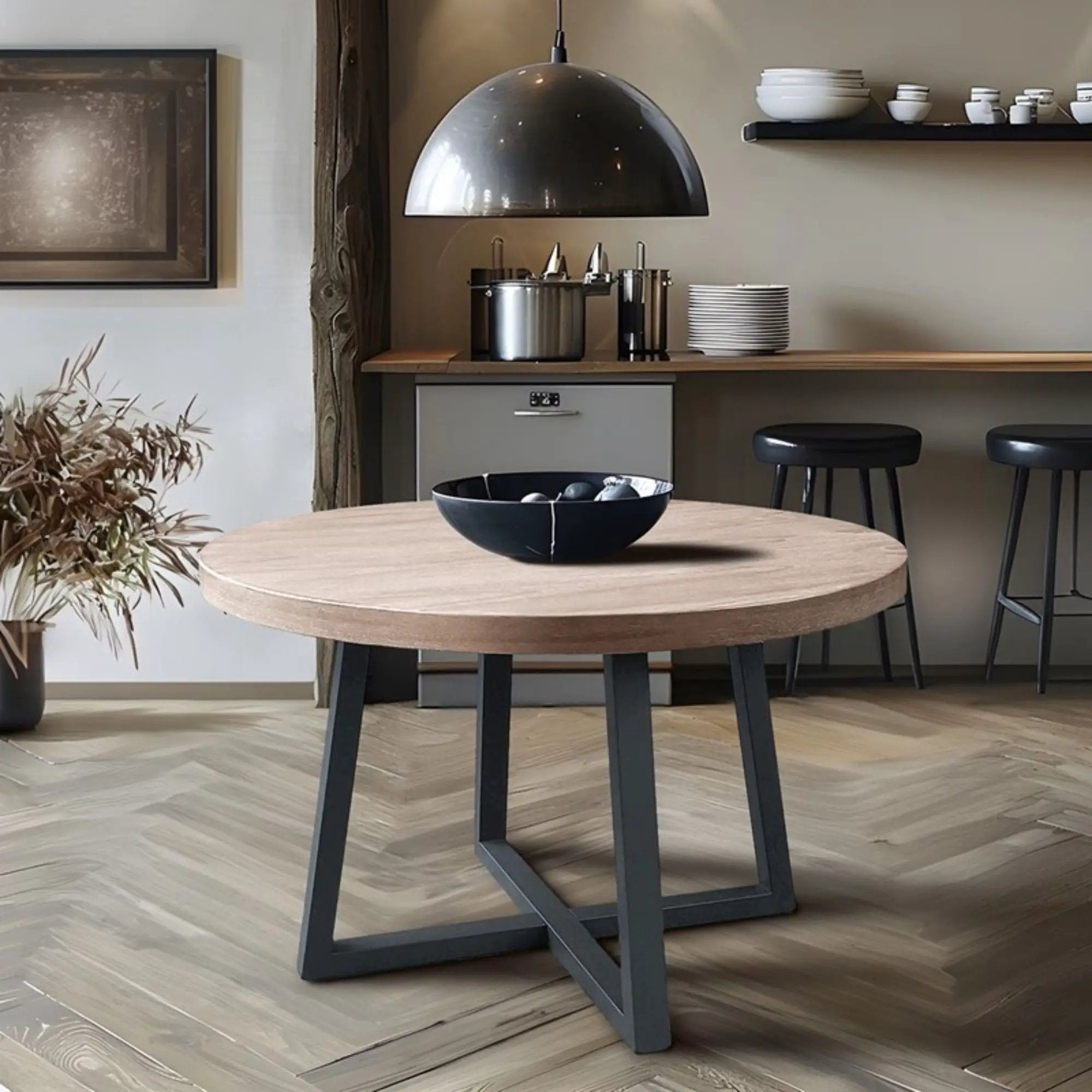 Round Dining Table With Wire Brushed Mindi Top And Mahogany Base - Wheat by HouseOfZazla